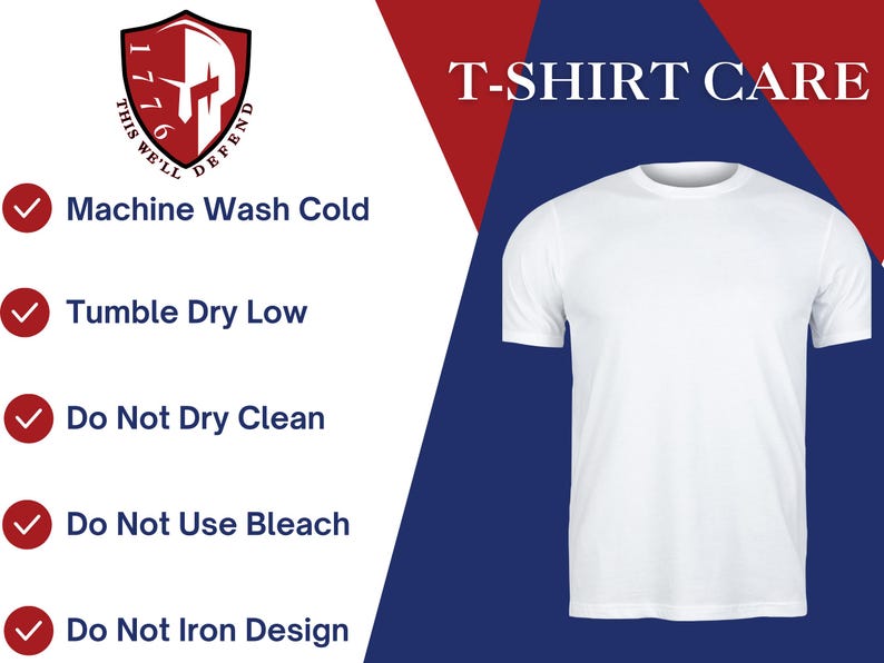 K&ouml;nnte beinhalten: Wei&szlig;es T-Shirt mit Pflegehinweisen: Maschinenw&auml;sche kalt, Trocknergeeignet bei niedriger Temperatur, nicht chemisch reinigen, nicht bleichen, Design nicht b&uuml;geln.  T-SHIRT CARE steht in Fettdruck oben im Bild.