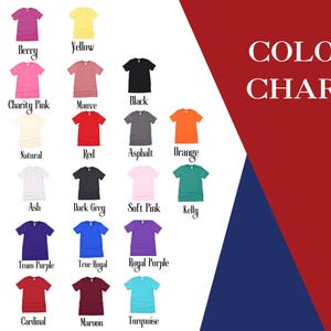 K&ouml;nnte beinhalten: Farbkarte mit 20 verschiedenen T-Shirt-Farben. Die Farben sind: Pink, Beere, Gelb, Wei&szlig;, Charity Pink, Lila, Schwarz, Milit&auml;rgr&uuml;n, Natur, Rot, Asphalt, Orange, Aqua, Asche, Dunkelgrau, Rosa, Kellygr&uuml;n, Babyblau, Team Lila, Royalblau, Royal Lila, Marineblau, Kardinalrot, Weinrot und T&uuml;rkis.