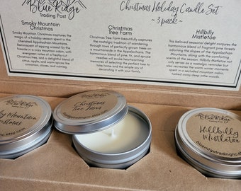 Candle Sampler Gift Set Collection in Metal Tins - Set of 3 - 8oz Soy Candles - Mountain Lover Gift - Cabin Home Decor - Blue Ridge Themed