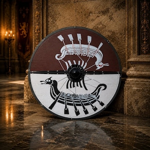 May include: A circular wooden shield featuring a split design with a dark red upper half and a white lower half. Each section displays a stylised black and white longship graphic with oars, centred around a prominent black metal central boss.
