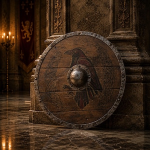 May include: A circular wooden shield featuring a central metal boss and a painted raven design. The shield is constructed from horizontal planks with a weathered metal rim secured by rivets. Intricate knotwork patterns flank the raven.