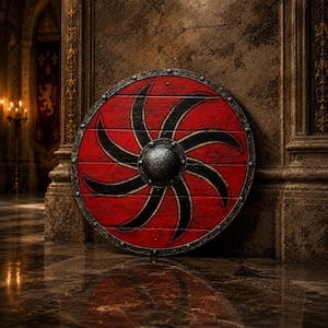 May include: A circular wooden shield featuring a vibrant red finish with a black, curved, six-pointed star pattern radiating from the centre. The shield has a metallic, textured central boss and a dark, weathered metal rim secured with rivets.