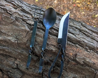 Handforged Medieval Cutlery Set: Viking Eating Utensils with Leather Sheath