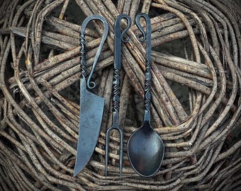 Hand Forged Medieval Viking Utensil Set with Leather Sheath