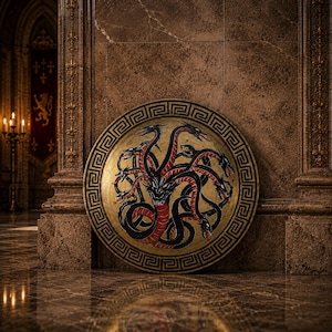 Könnte beinhalten: Ein runder Schild mit einer zentralen Abbildung einer mehrköpfigen Hydra mit schwarzen und roten Schuppen. Der Rand des Schildes ist mit einem sich wiederholenden schwarz-goldenen Mäander-Muster auf goldenem Hintergrund verziert.
