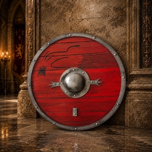 May include: A circular wooden shield painted in a vibrant red finish with a prominent central steel boss. The shield features a dark metal rim secured by rivets and a black line drawing of a stylised bird. A small metal plate is attached below the boss.