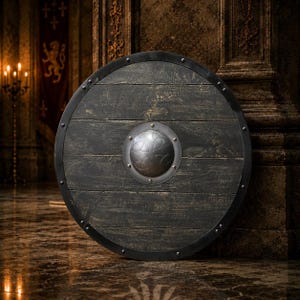 May include: A circular wooden shield featuring dark, weathered horizontal planks and a black metal rim secured with rivets. A central silver-toned metal boss displays an embossed triquetra knot pattern, providing a distinct focal point on the shield.