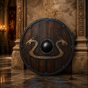 Op de afbeelding: Een rond houten schild opgebouwd uit verticale planken met een donkerbruine afwerking. Het heeft een centrale zwarte metalen schildknop en een goudkleurig drakenembleem. De buitenrand is versterkt met een donkere metalen rand vastgezet met klinknagels.