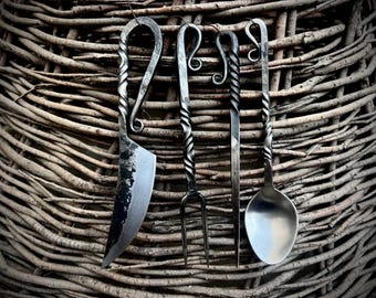 Handmade Medieval eating tools. Handforged viking utensils. Cutlery set. best gifts for him. valentines day gifts, birthday Gifts. best gift