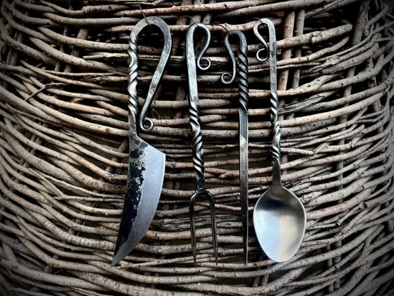 Handmade Forged Medieval Utensil Set with Leather Sheath