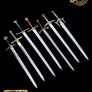 May include: Six metal swords arranged diagonally against a black background. Each sword features a distinct hilt design with metallic finishes in silver and gold, some with red accents. A gold circular badge reads LIFETIME WARRANTY.