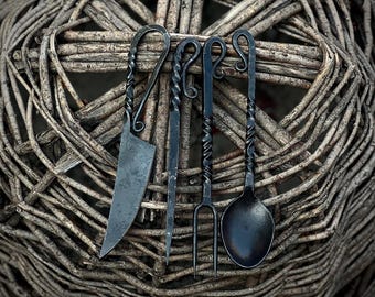 Hand Forged Medieval Viking Utensil Set with Leather Sheath