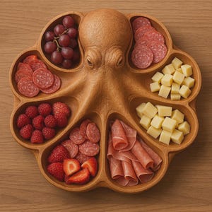 Könnte beinhalten: Ein hölzernes Serviertablett in Form eines Oktopus mit acht separaten Fächern. Das Tablett ist mit verschiedenen Lebensmitteln gefüllt, darunter rote Weintrauben, Salami-Scheiben, gewürfelter Käse, Himbeeren, Erdbeeren und gefalteter Schinken.