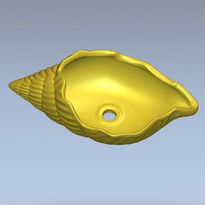 May include: A bright yellow sink shaped like a conch shell. The basin features a smooth, curved interior with a central circular drain hole. The exterior of the sink displays the characteristic spiral ridges and textured surface of a seashell.