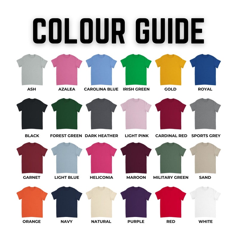 Pu&ograve; includere: Una guida ai colori per t-shirt che mostra 24 colori diversi, tra cui Cenere, Azalea, Blu Carolina, Verde Irlandese, Oro, Reale, Nero, Verde Foresta, Grigio Scuro, Rosa Chiaro, Rosso Cardinale, Grigio Sportivo, Granato, Azzurro, Heliconia, Marrone, Verde Militare, Sabbia, Arancione, Blu Navy, Naturale, Viola, Rosso e Bianco.