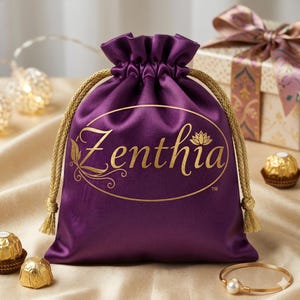 Può includere: Un sacchetto di raso viola scuro con coulisse e scritta dorata "Zenthia". La borsa ha cordoncini dorati. Sono visibili anche cioccolatini dorati e un braccialetto dorato con una perla.