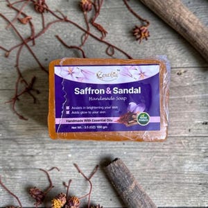 Handmade Saffron and Sandalwood Soap Bar- Natural Skin Brightening Face and Body Wash with Essential Oils, Neem & Coconut -Herbal Gift -100g