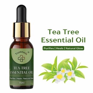 Czysty olejek eteryczny z drzewa herbacianego 15 ml – naturalny olejek do twarzy do skóry z niedoskonałościami, aromaterapia i pielęgnacja skóry głowy marki Trustmeds. Oczyszcza i leczy.