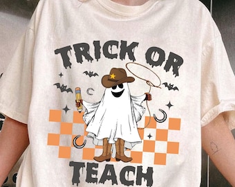 Teacher Trick Or Teach Halloween Shirt, Retro Teacher Ghost Tee: 100% Cotton, 3-5 Days Shipping, Size S-4XL