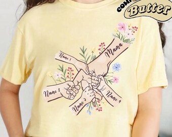 Floral Holding Hand Mother's Day Shirt, Personalized Floral Mother's Day Shirt, Custom Mom And Kids Hand Shirt, Custom Kids Name Shirt
