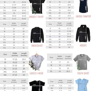 May include: Size chart for Gildan apparel, including unisex t-shirts, sweatshirts, hoodies, ladies v-neck shirts, youth shirts, toddler shirts, and baby onesies. The chart shows the width and length measurements in inches for each size.