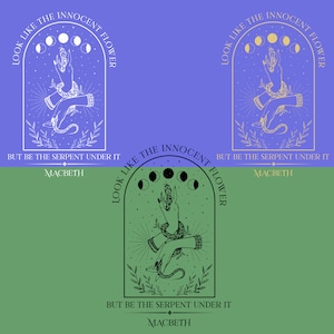 Könnte beinhalten: Eine Schwarzweißillustration einer Hand, die einen Kristall mit einer Schlange umwickelt hält. Die Hand ist von einem Halbmond und Sternen umgeben. Der Text "Look like the innocent flower but be the serpent under it Macbeth" ist um das Bild herum geschrieben.