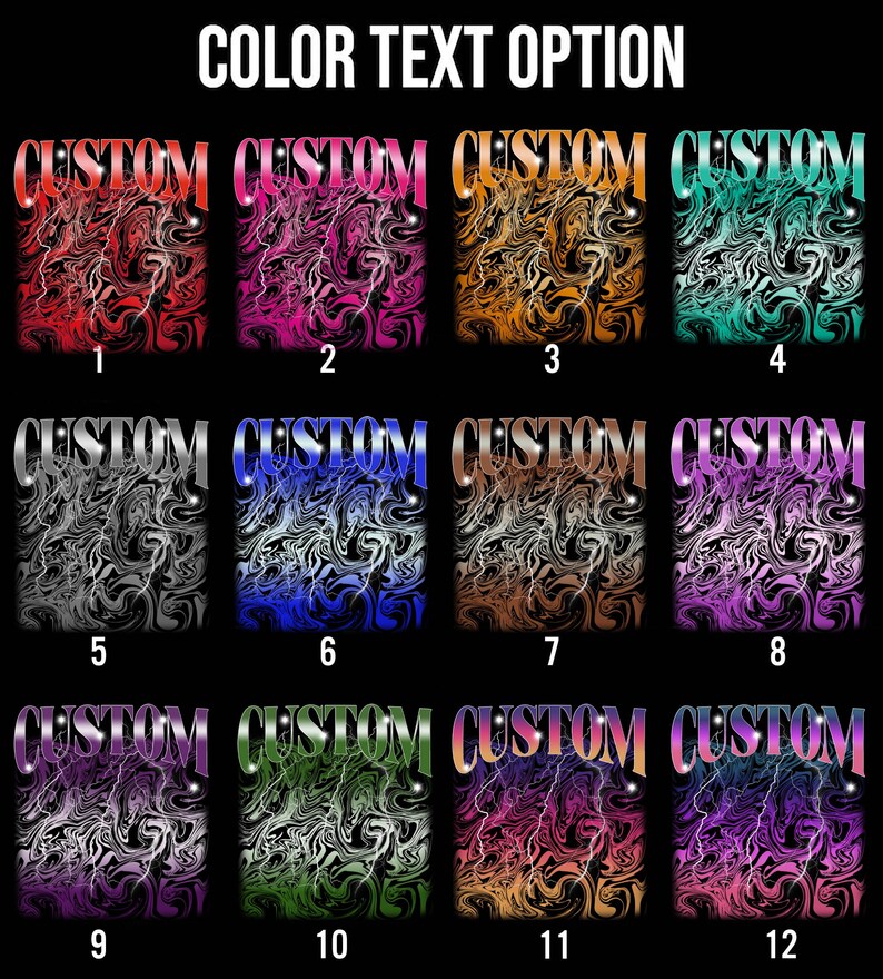 Pu&ograve; includere: Dodici diverse opzioni di colore per un design personalizzabile con la parola "CUSTOM" in un carattere metallico in grassetto con una grafica a forma di fulmine. Lo sfondo &egrave; un motivo astratto vorticoso.