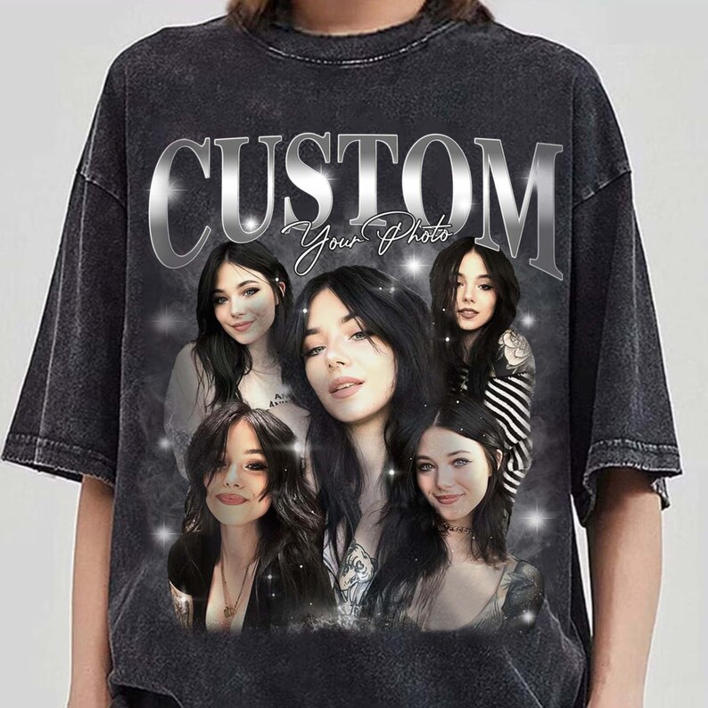 May include: Black vintage-style t-shirt with a silver "CUSTOM Your Photo" graphic featuring five images of women with dark hair. The shirt has a distressed look.