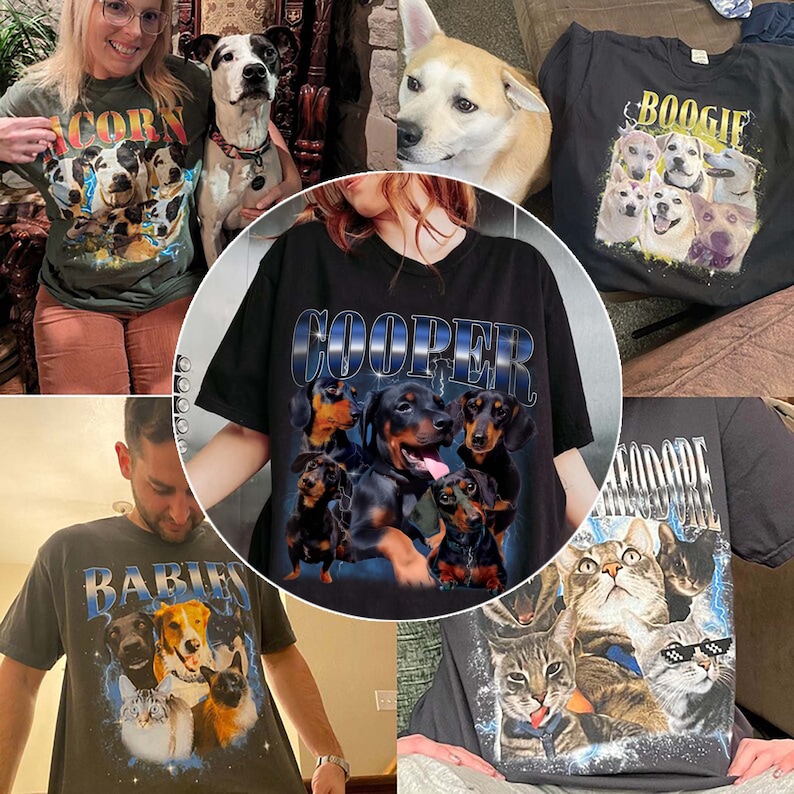 May include: Four different black t-shirts with colorful graphic prints of animals. The shirts feature the names "Cooper", "Boogie", "Babies", and "Acorn" printed on the front.