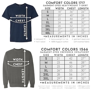 May include: Two size charts for t-shirts and sweatshirts. The charts show the width, chest, and length measurements in inches for sizes S through 4XL. The t-shirt chart is for a garment-dyed heavyweight t-shirt made of 100% ringspun cotton. The sweatshirt chart is for a garment-dyed crewneck sweatshirt made of 80% ringspun cotton and 20% polyester.