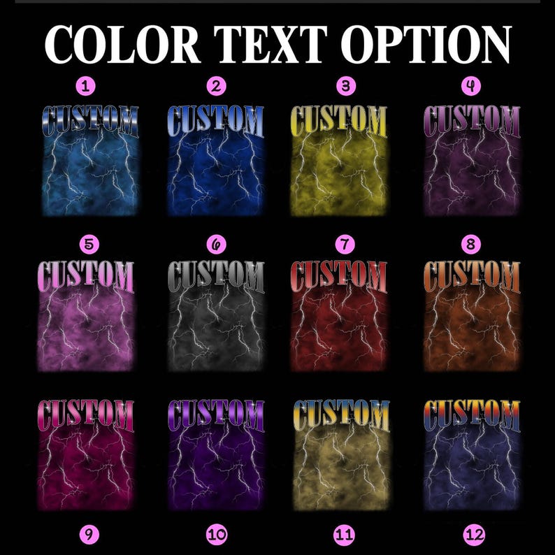 May include: Twelve different color options for a "CUSTOM" text graphic with a lightning bolt background. The text is in a bold, retro font. The background is a dark blue, dark blue with a light blue swirl, yellow, purple, pink, gray, red, orange, magenta, purple with a pink swirl, yellow with a red swirl, and blue with a red swirl.
