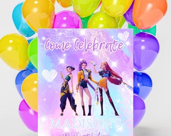 May include: A birthday party invitation with the text "Come Celebrate" and "MADISON'S 3RD Birthday". The invitation features three animated figures and is surrounded by colorful balloons in shades of yellow, orange, purple, and blue.