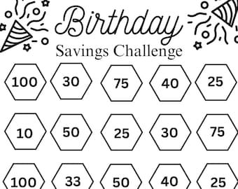 May include: A black and white printable birthday savings challenge chart with a birthday cake at the bottom. The chart has 20 hexagonal boxes with numbers in each box. The text at the top says "Birthday Savings Challenge" and the text at the bottom says "Save £1000".