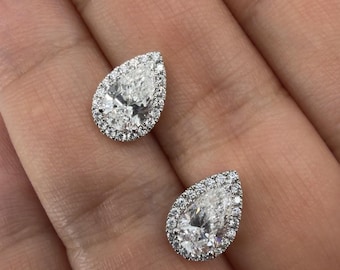 2.44ct Pear Halo Lab Diamond Studs: 14K Gold