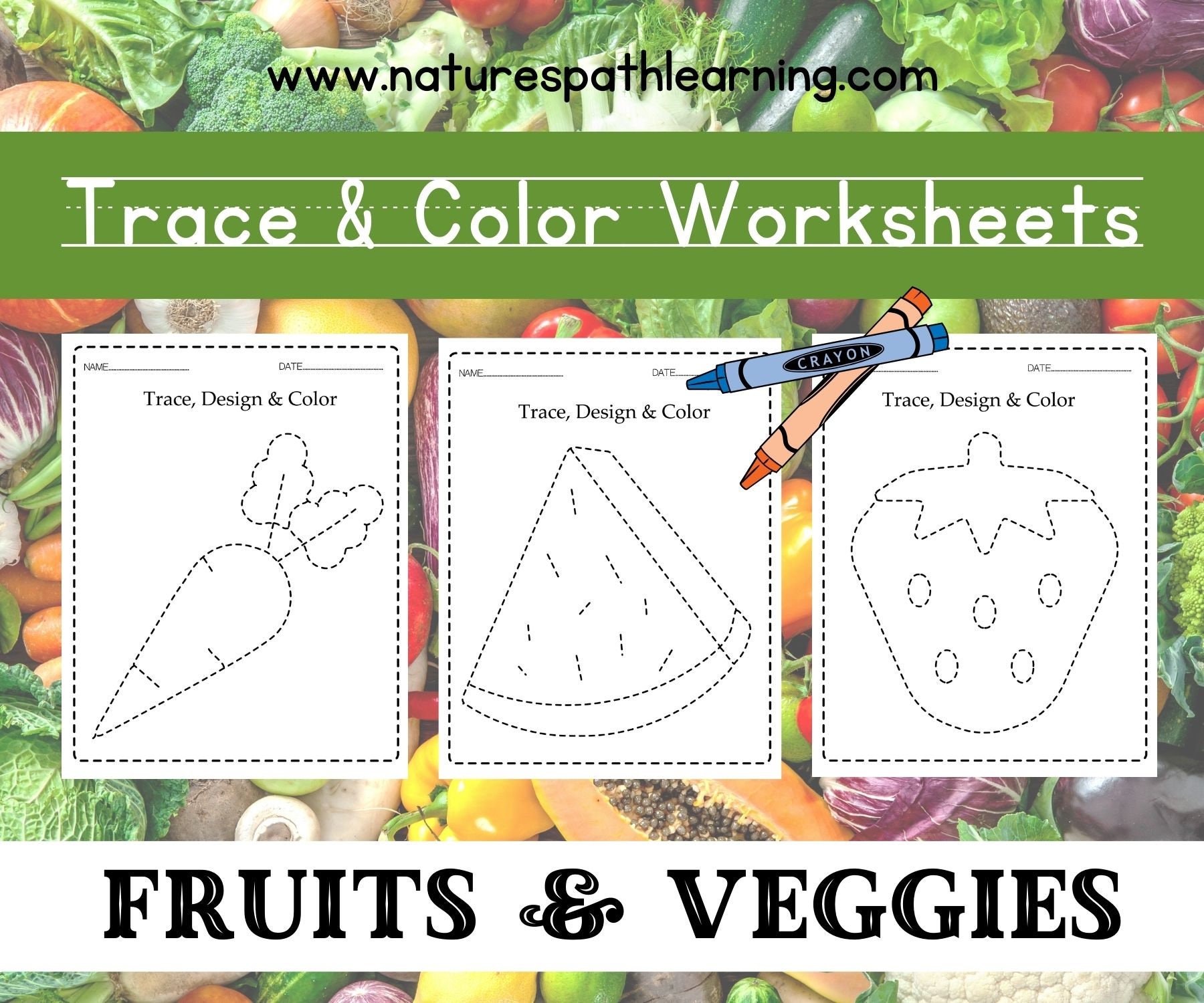 Fruits & Vegetables Tracing and Coloring Worksheets for Preschool and