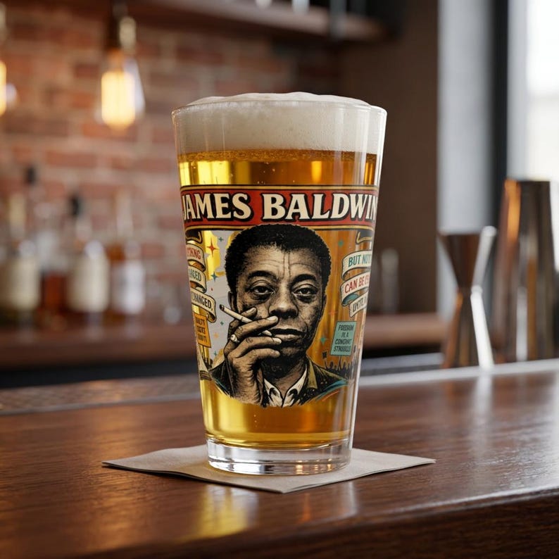 James Baldwin Collector Glass / 16 oz Vintage Style Drinking Glass / Black History Gift / Author Gift / Literary Icon / Gift for Rebels image 1