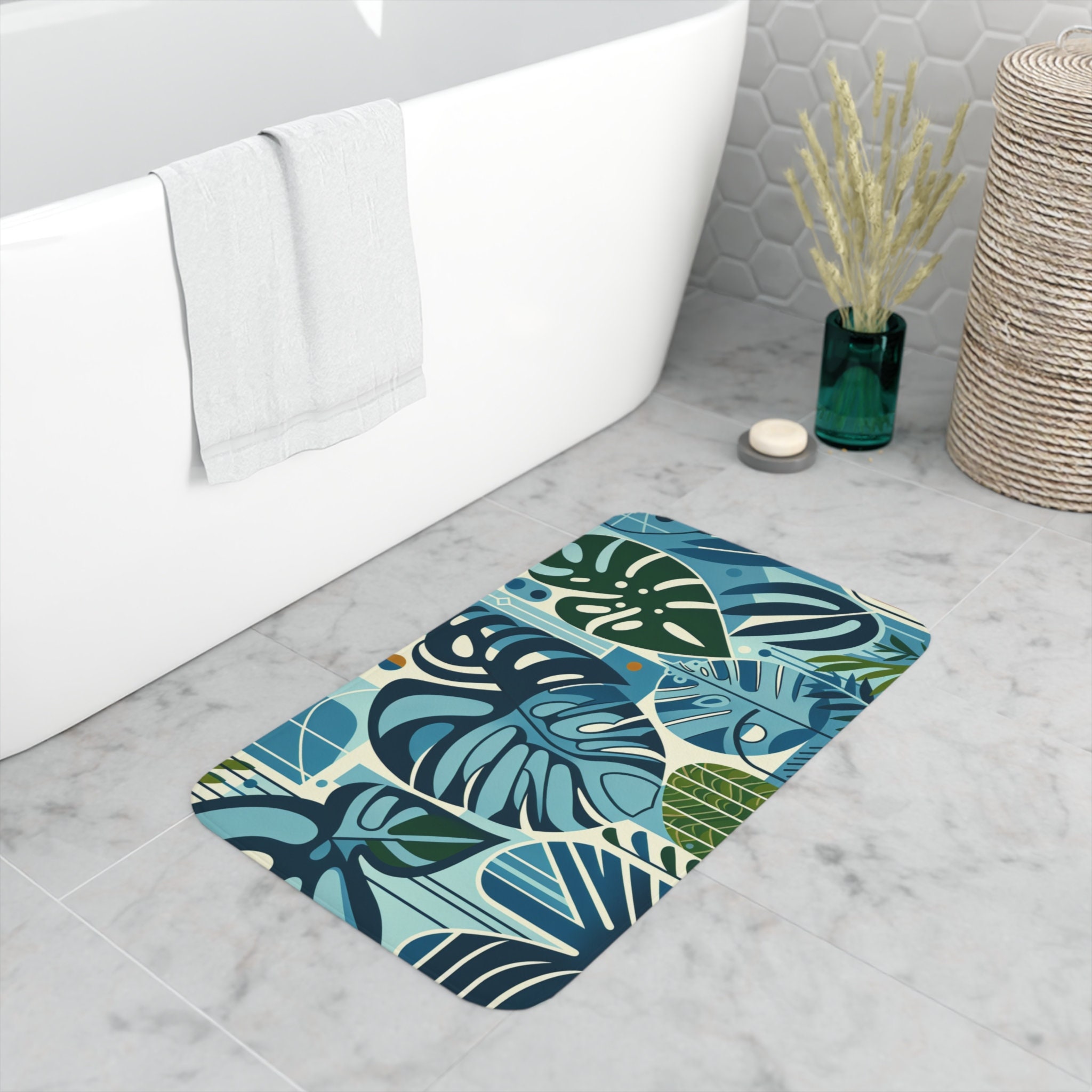 Art Deco Style Monstera Memory Foam Bath Mat, Retro Bathroom Decor, Monstera Bathmat, Botanical