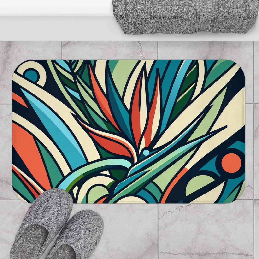 Art Deco Bird of Paradise Memory Foam Bath Mat, Retro Bath Decor
