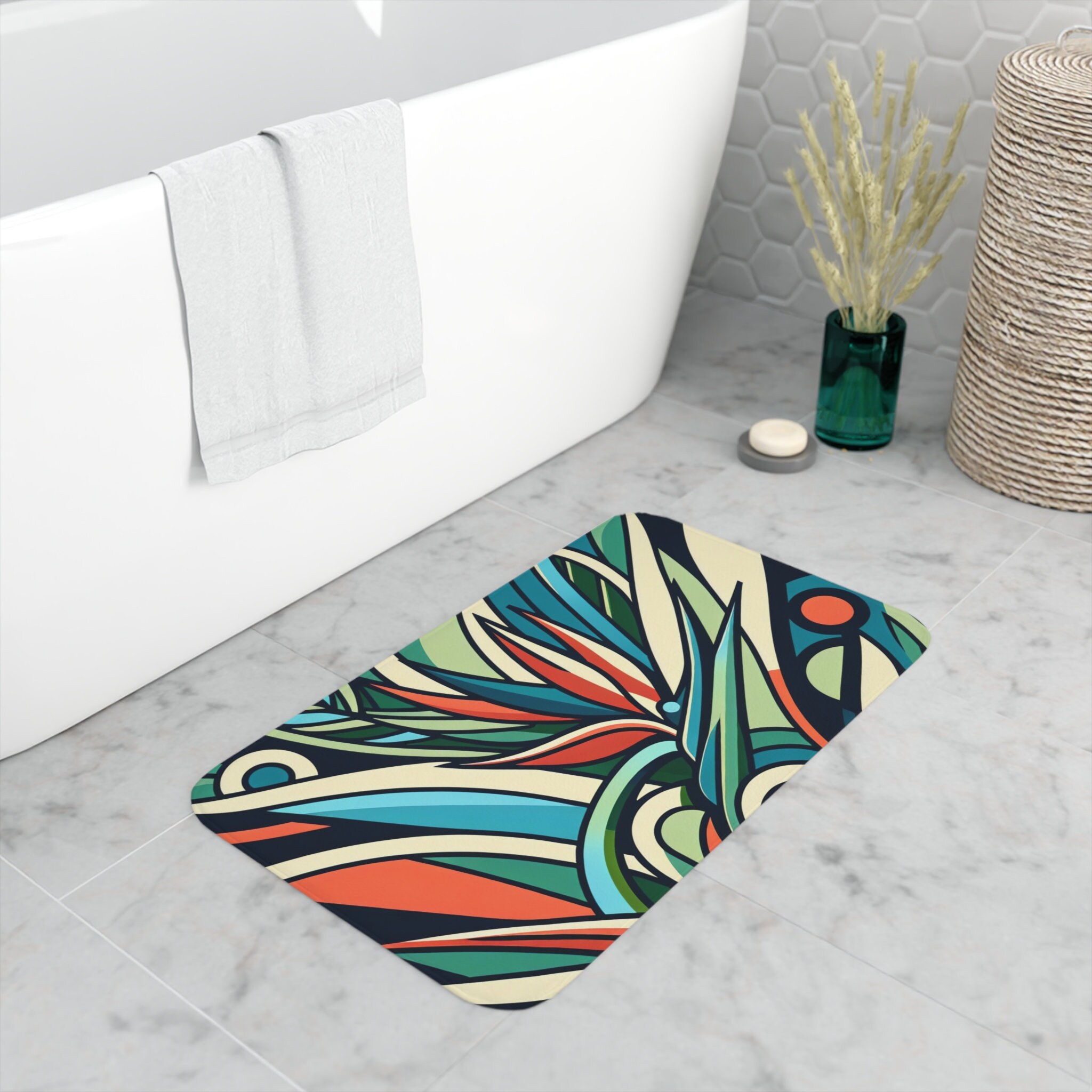 Art Deco Bird of Paradise Memory Foam Bath Mat, Retro Bath Decor