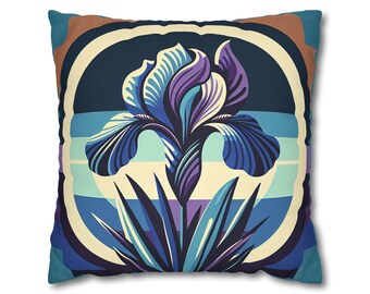 Blauer und lila Iris-Blumen-Kissenbezug – Mid-Century-inspirierte Wohndekoration