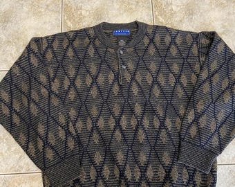 Vintage 90er Jahre Jantzen Pullover Strickpullover Männer M Schwarz Blau Geometric Retro