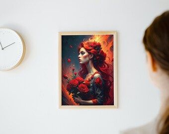 Red Haired Fiery Woman With a Rose in Her Hand Canvas