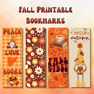 Fall Printable Bookmarks, Gnome Bookmarks, Retro Fall, Printable Bookmarks, Fall Vibes Printable, Hello Autumn Bookmarks, Gifts for Bookworm