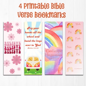 Puede incluir: Cuatro marcadores imprimibles con versículos bíblicos. El primer marcador tiene un fondo rosa con flores rosas y el texto "BELIEVE" en una fuente retro. El segundo marcador tiene un fondo azul y blanco con una camioneta vintage y el texto "Pry your hands off the wheel and hand the keys over to God Matthew 16:24-26". El tercer marcador tiene un fondo de acuarela con un arcoíris y el texto "God keeps His promises Genesis 9:12-13". El cuarto marcador tiene un fondo rosa con arcoíris y el texto "Walk by faith not by sight 2 Corinthians 5:7".