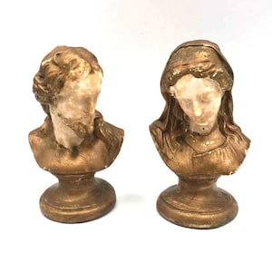 Busts of Christ and Virgin Mary in Plaster with Golden Patina - 1930s/1940s - Religious Icons - Sacred Art Gift