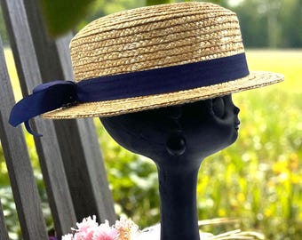 Vintage Natural Straw Boater Hat with Navy Blue Ribbon – French Style Panama Hat – Rustic Elegance – Gift for Women
