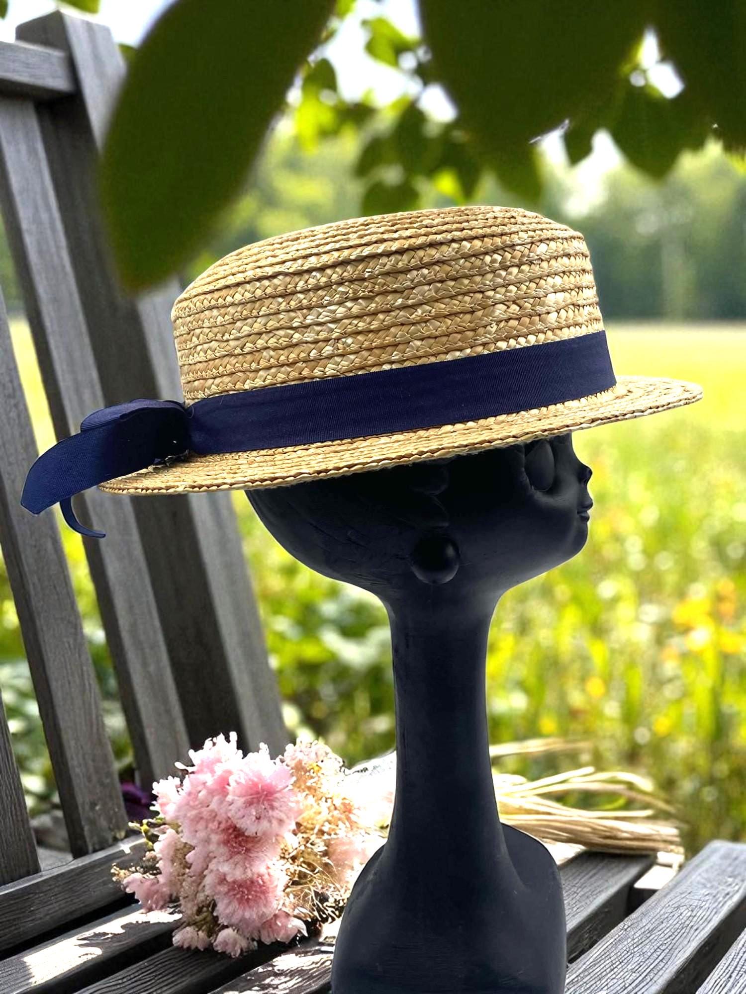 Vintage Natural Straw Boater Hat With Navy Blue Ribbon 