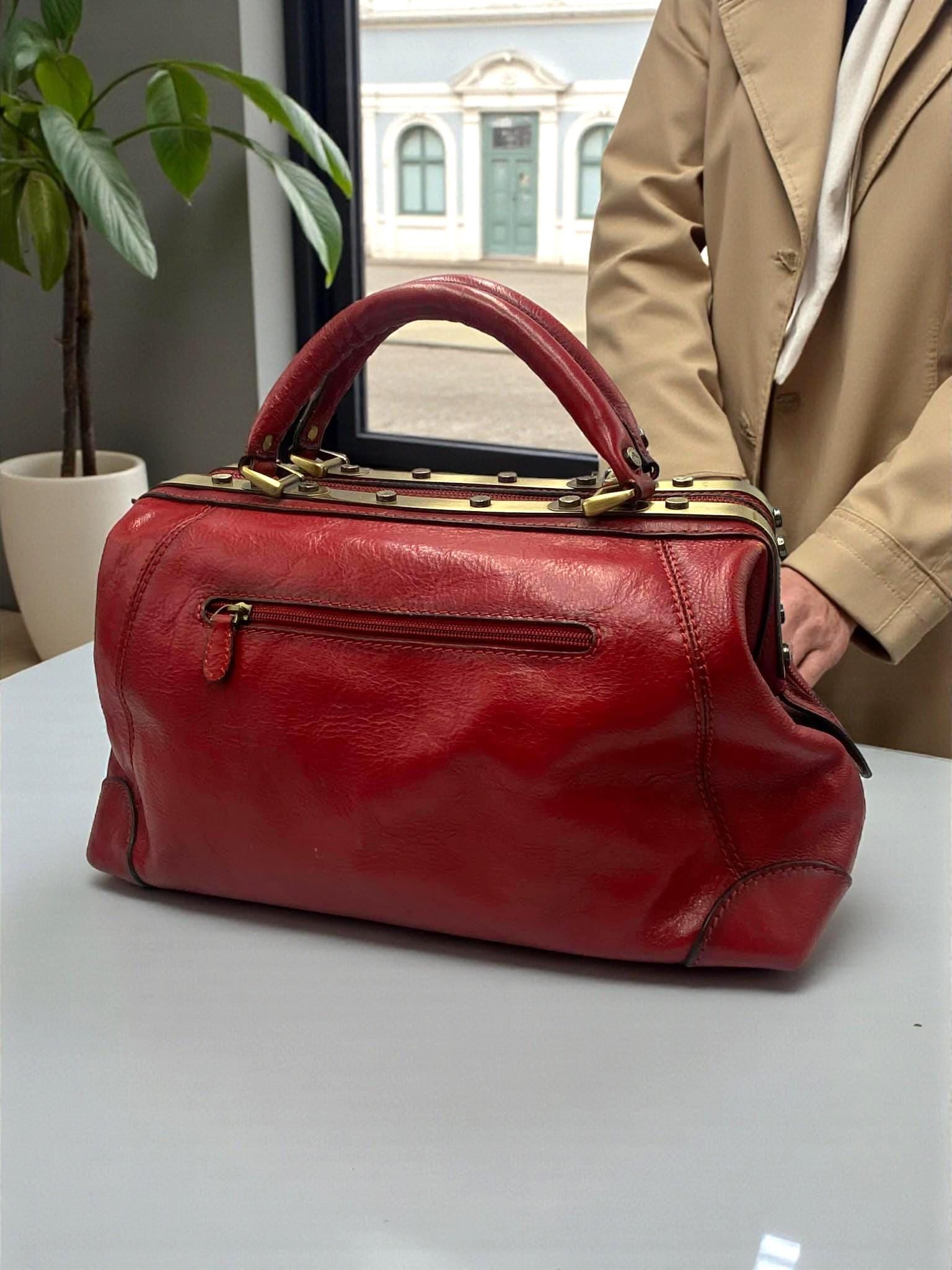 Vintage Katana Red Leather Handbag French Designer Genuine Leather