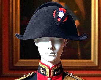 Vintage Napoleon bicorn hat | Black felt & cotton trim | Tricolor cockade | Made in France | Size 59 | Collection