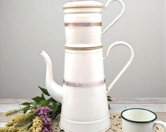 Théière-cafetière En Tôle émaillée Beige - Vintage, Métal émaillé - Occasion
